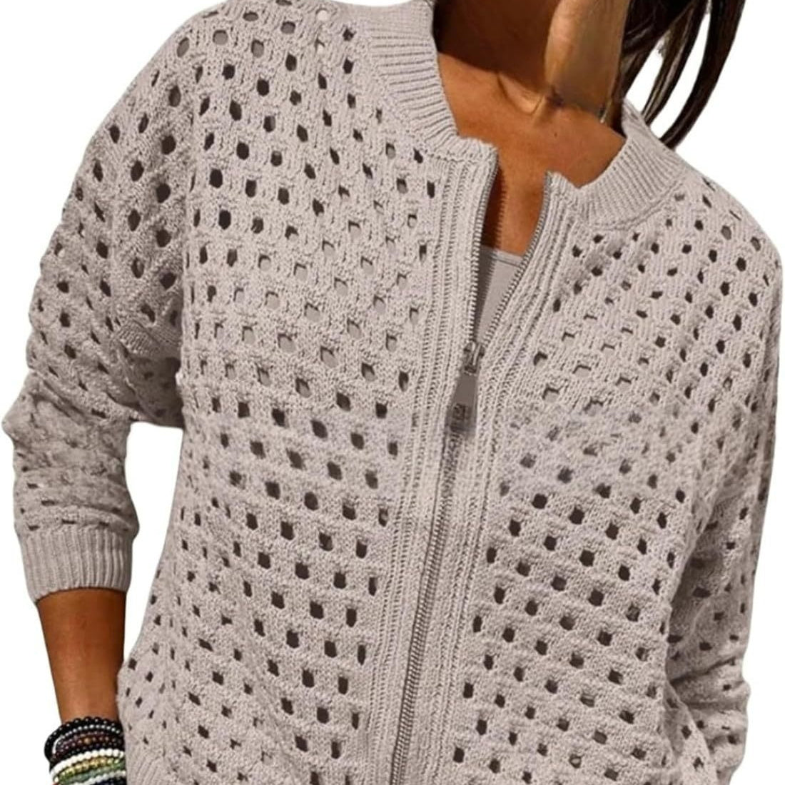 Womens Open Knit Zip Cardigan with Crew Neck