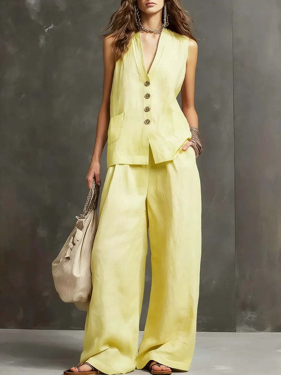 Womens Cotton Linen Co ord Set with Vest and Wide Leg Trousers