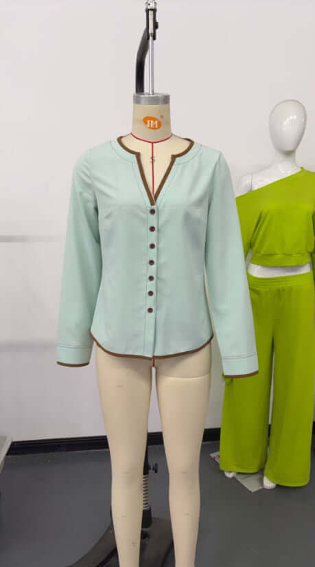 Womens Mint Green Shirt Contrast Trim Three Quarter Sleeves