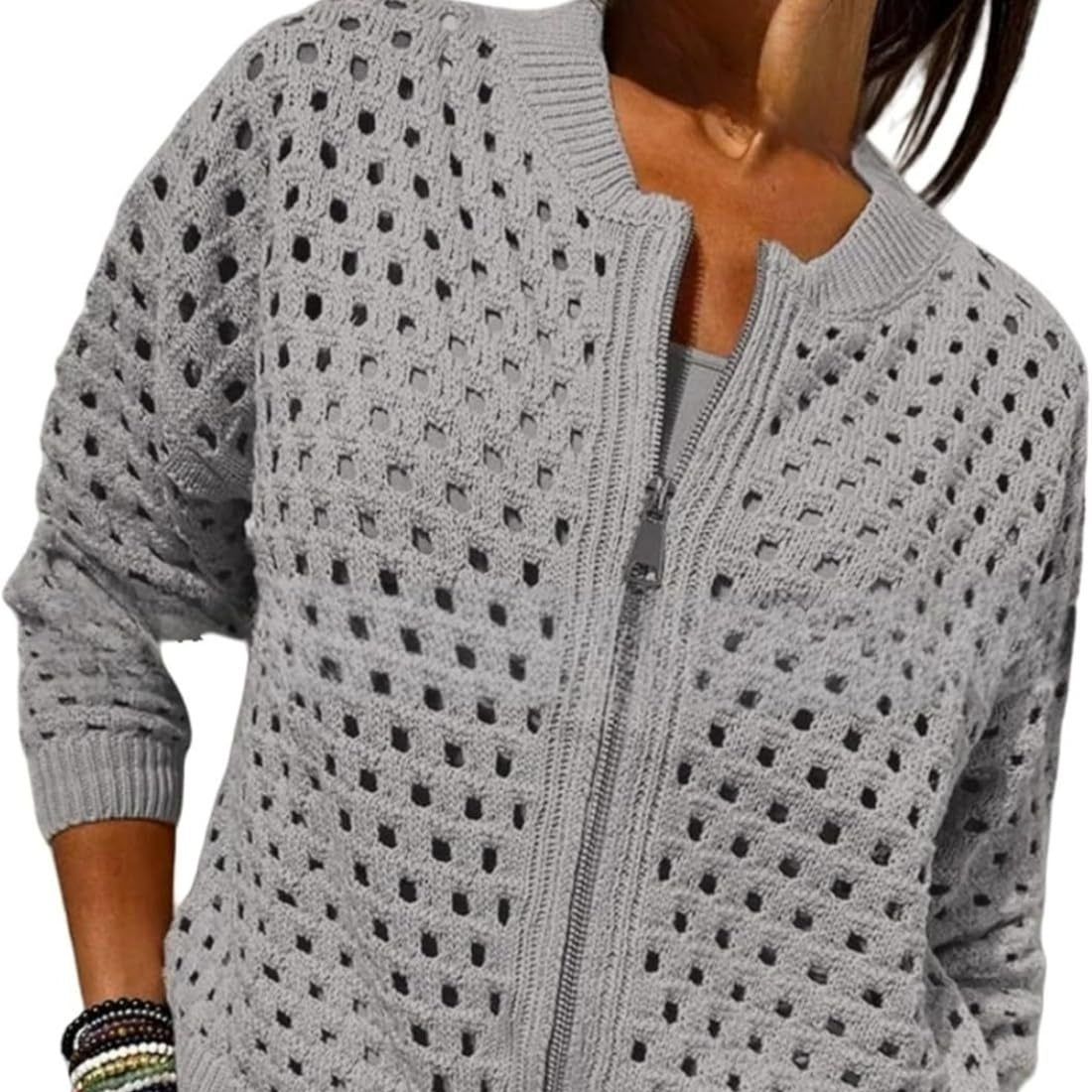 Womens Open Knit Zip Cardigan with Crew Neck