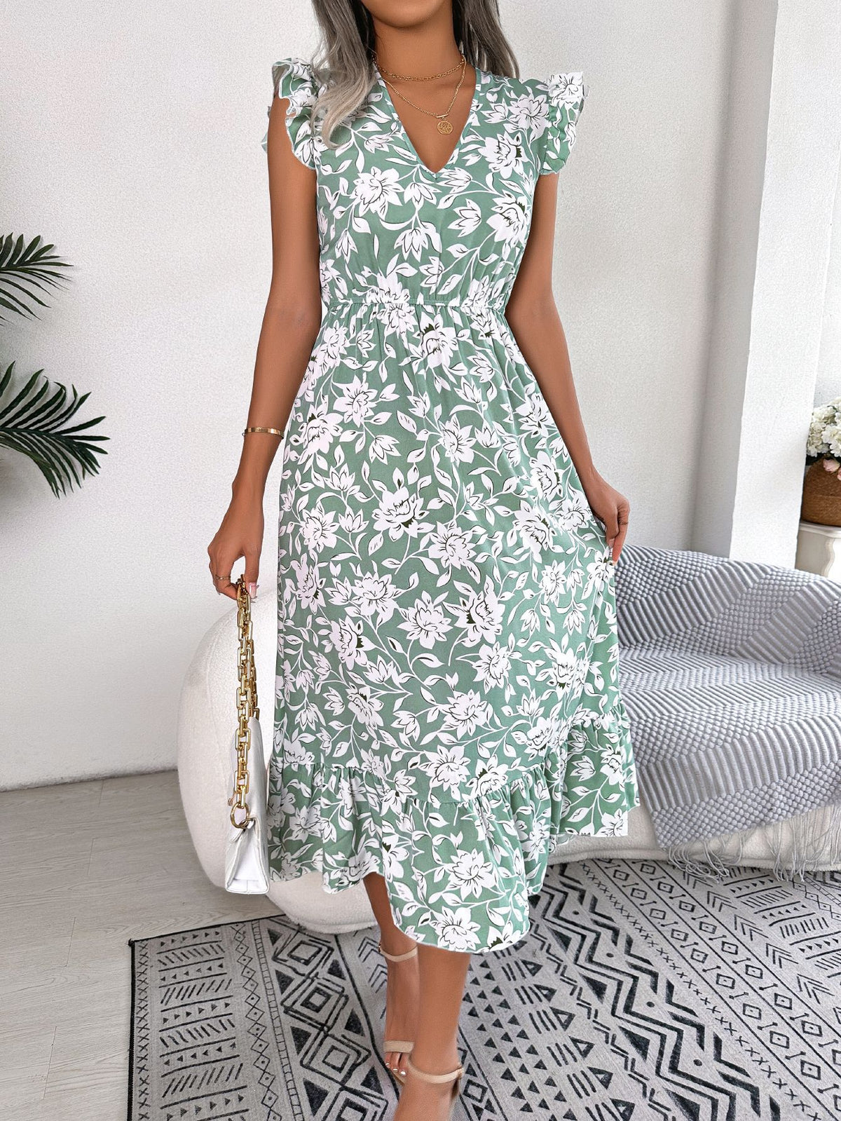 Womens Floral Maxi Dress Ruffle Trim and Tie Waist