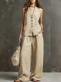 Womens Cotton Linen Co ord Set with Vest and Wide Leg Trousers