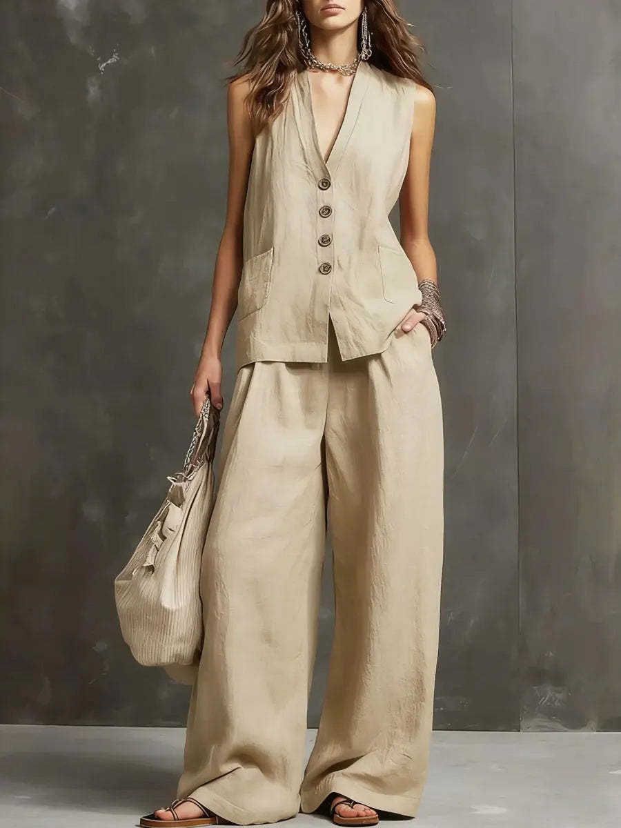 Womens Cotton Linen Co ord Set with Vest and Wide Leg Trousers