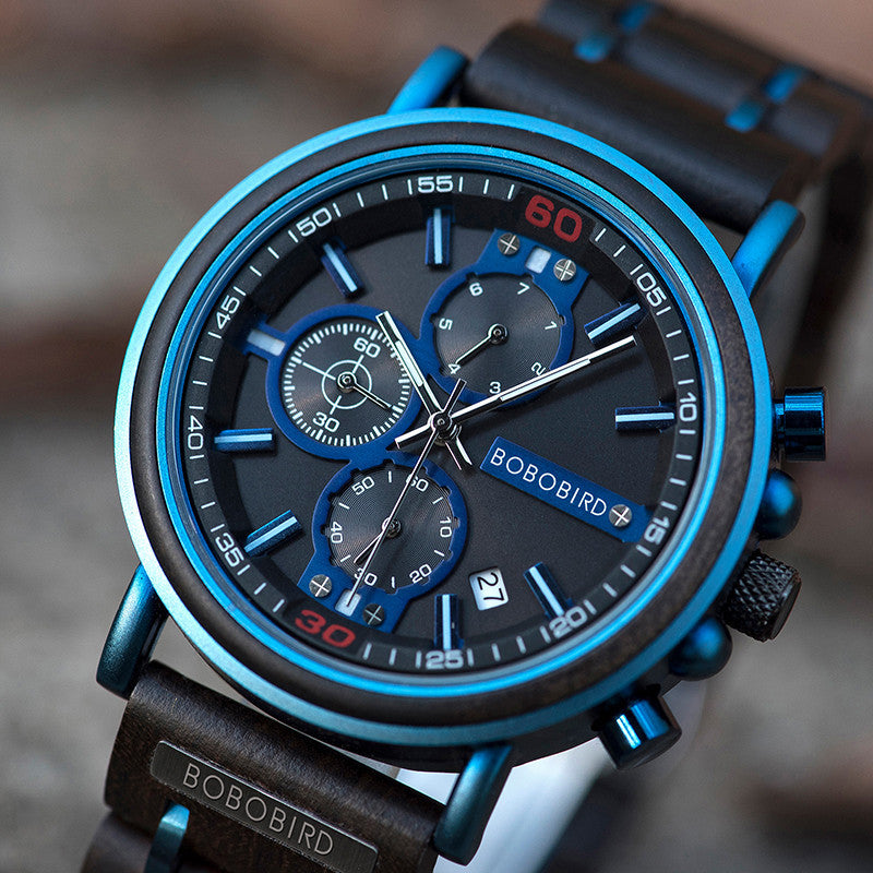 Mens Wooden Chronograph Watch with Quartz Movement