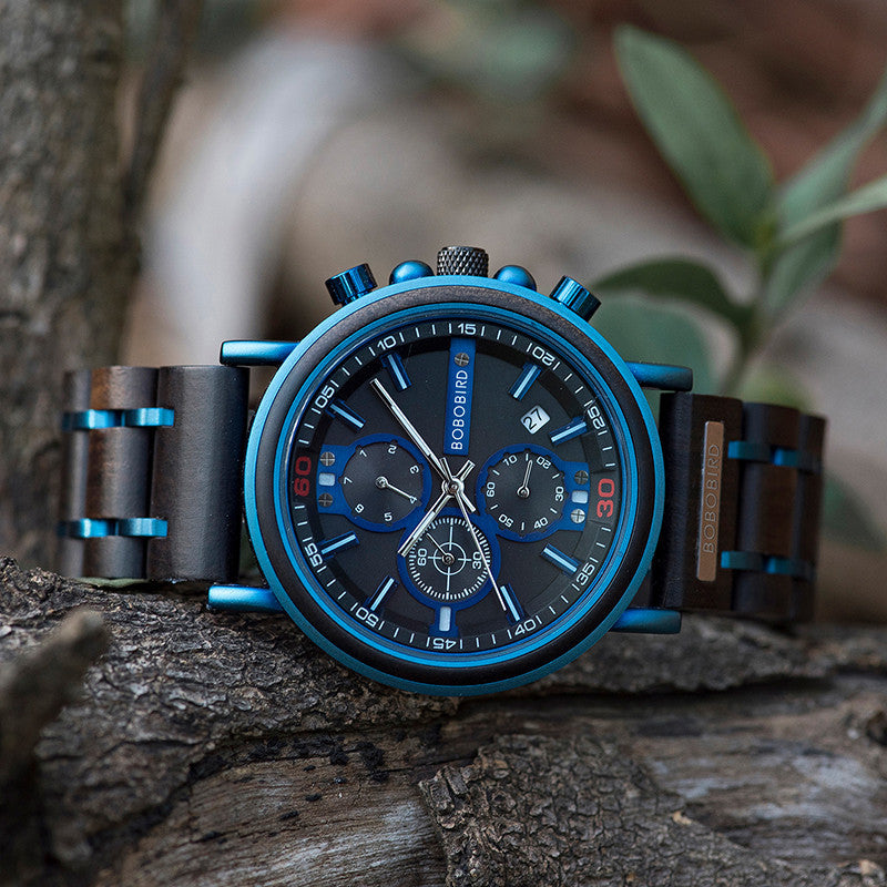 Mens Wooden Chronograph Watch with Quartz Movement