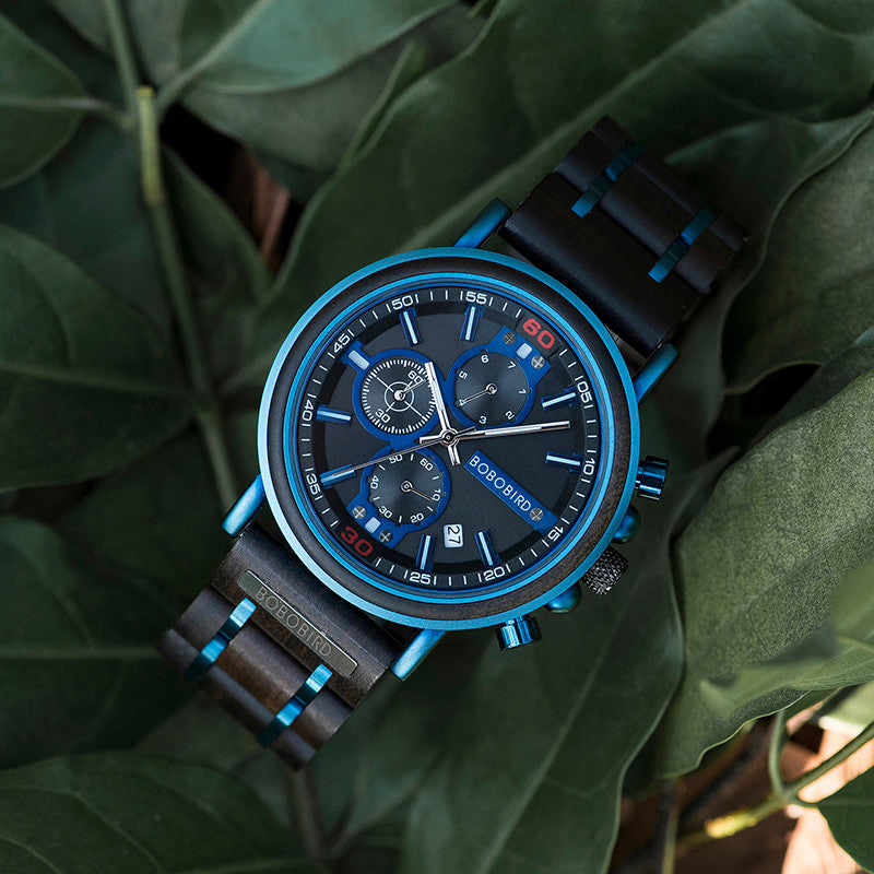 Mens Wooden Chronograph Watch with Quartz Movement