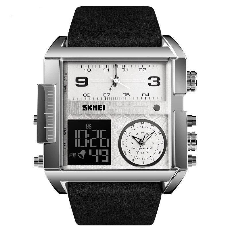 Mens Large Square Dial Watch with Genuine Leather Strap