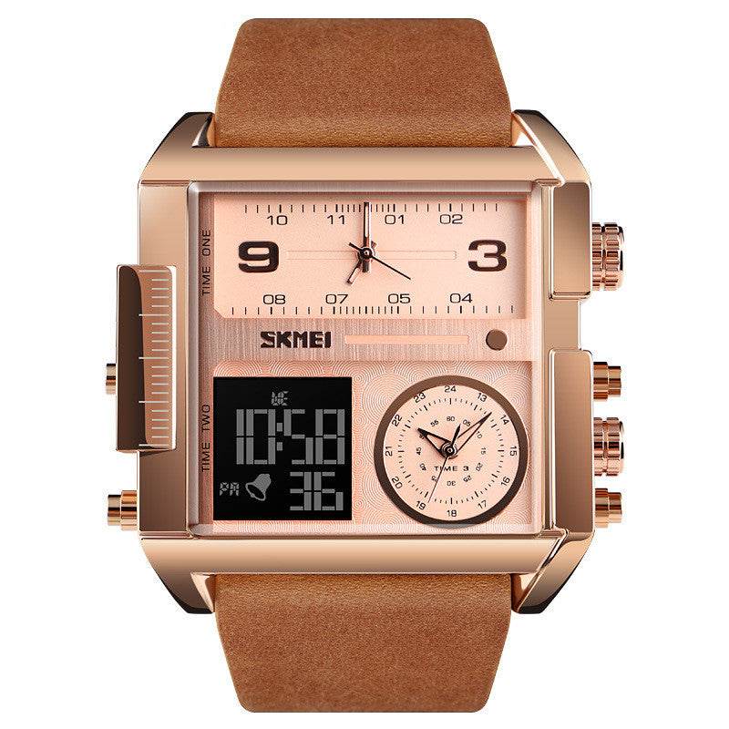 Mens Large Square Dial Watch with Genuine Leather Strap
