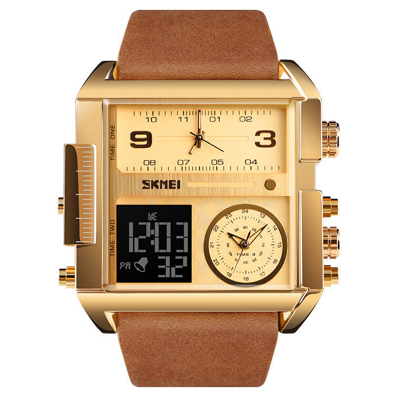 Mens Large Square Dial Watch with Genuine Leather Strap