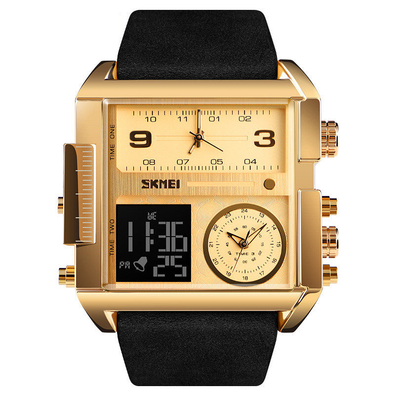 Mens Large Square Dial Watch with Genuine Leather Strap