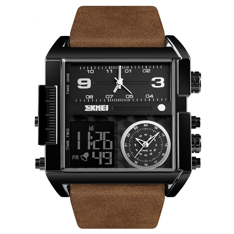 Mens Large Square Dial Watch with Genuine Leather Strap