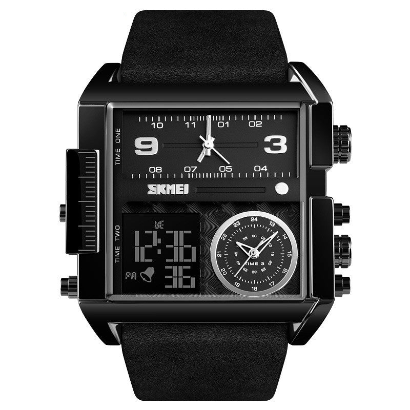 Mens Large Square Dial Watch with Genuine Leather Strap
