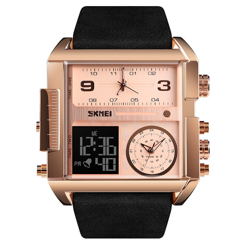 Mens Large Square Dial Watch with Genuine Leather Strap