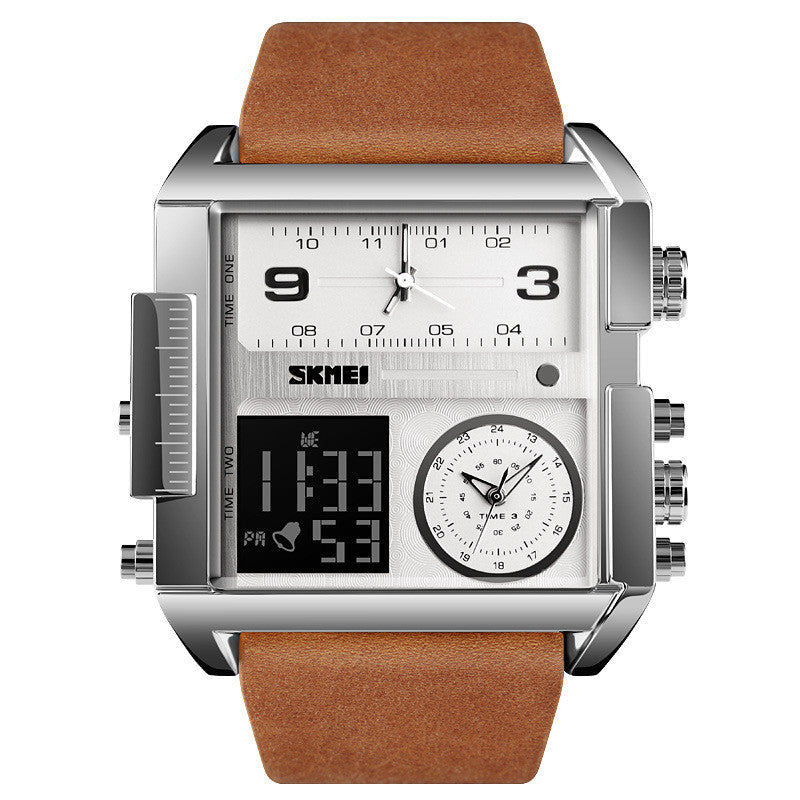 Mens Large Square Dial Watch with Genuine Leather Strap