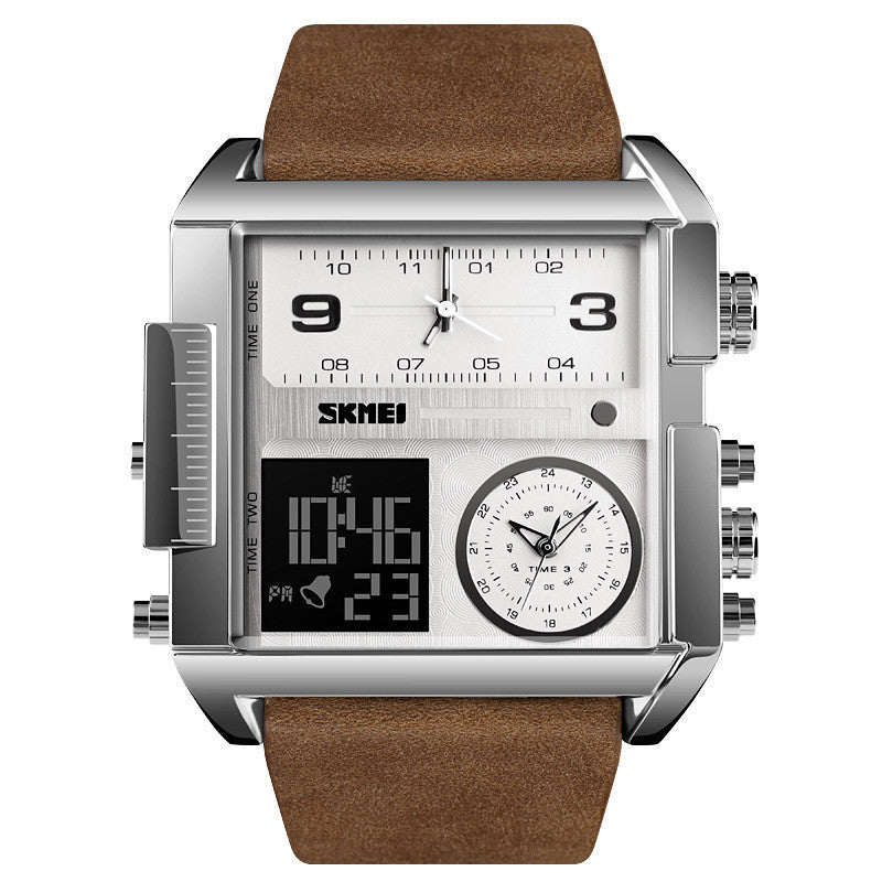 Mens Large Square Dial Watch with Genuine Leather Strap