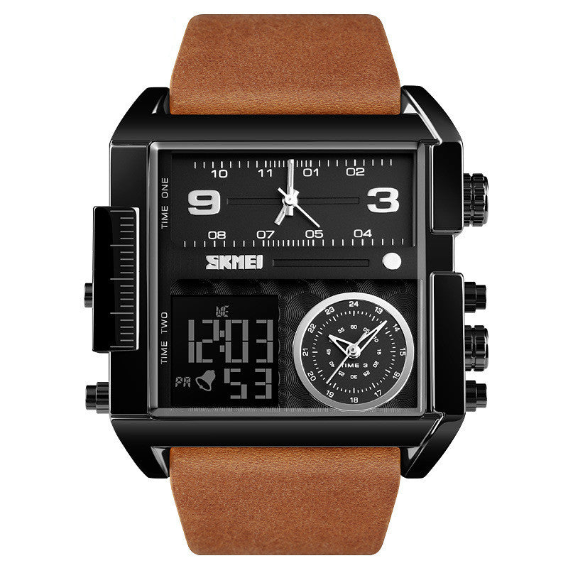 Mens Large Square Dial Watch with Genuine Leather Strap