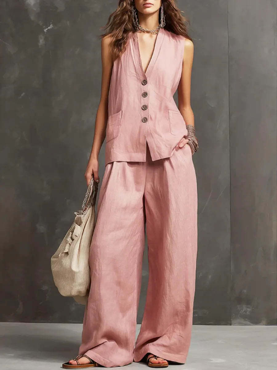 Womens Cotton Linen Co ord Set with Vest and Wide Leg Trousers