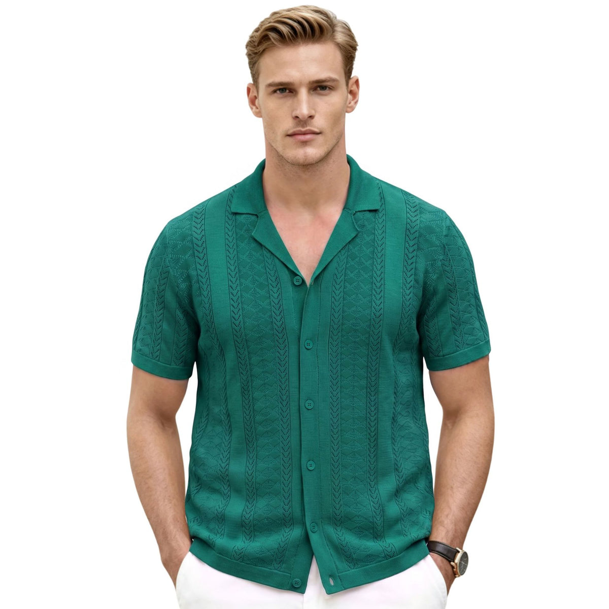Mens Open Knit Cuban Collar Cardigan