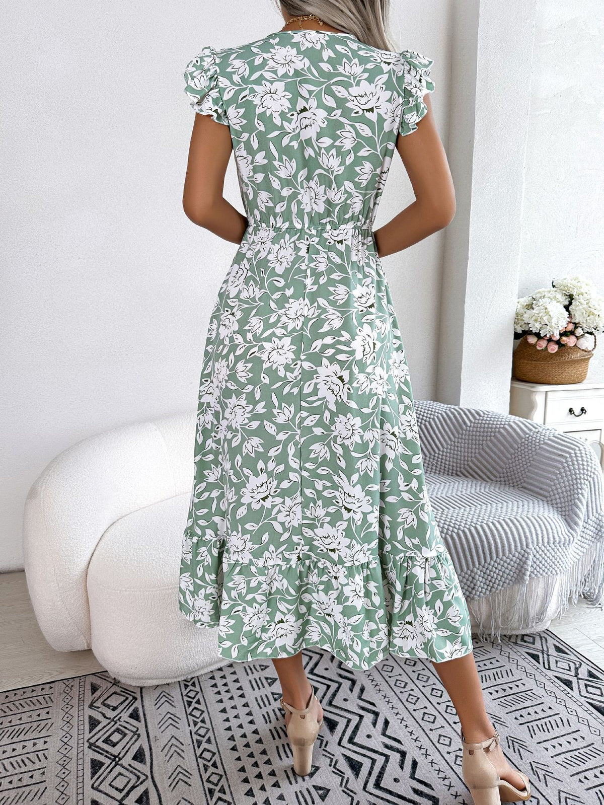 Womens Floral Maxi Dress Ruffle Trim and Tie Waist
