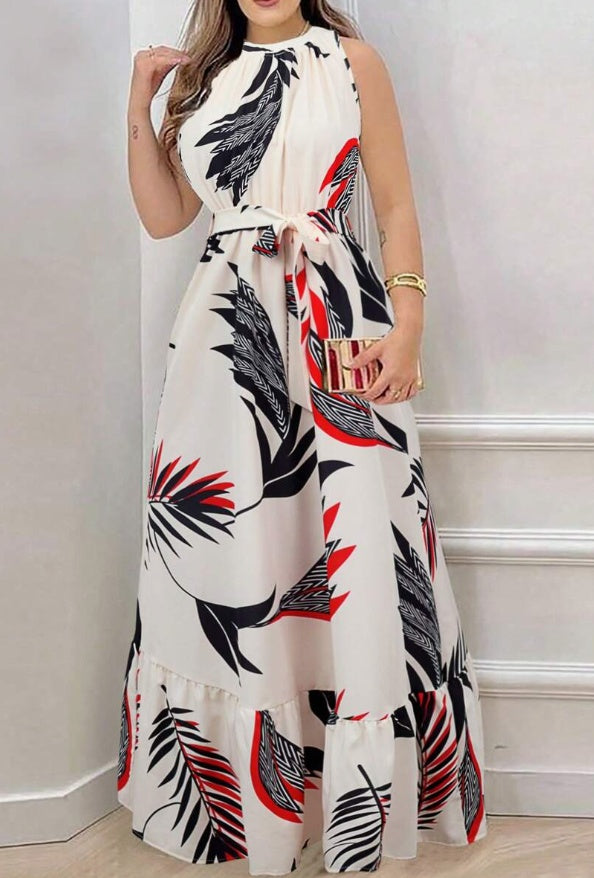 Womens Plant Print Boho Maxi Dress Sleeveless A Line
