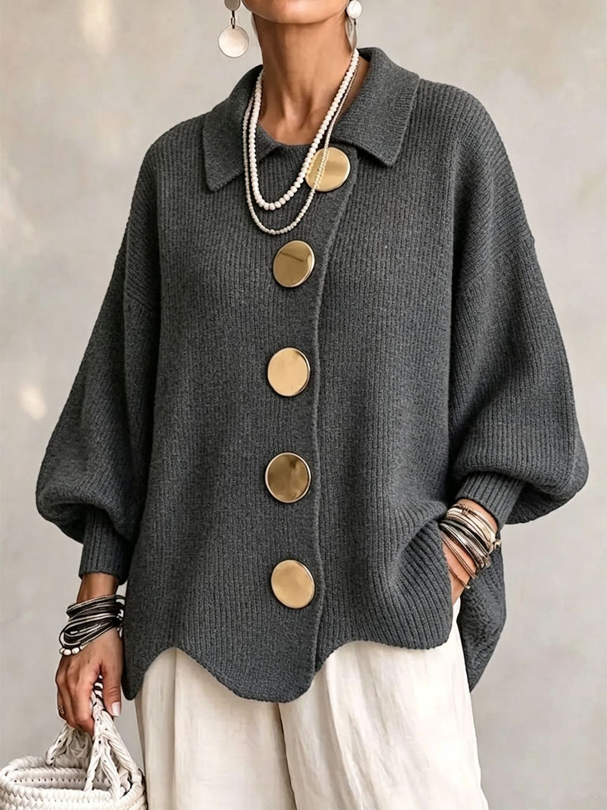 Womens Relaxed Fit Knitted Cardigan Long Sleeve