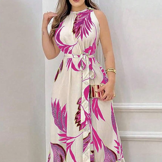 Womens Plant Print Boho Maxi Dress Sleeveless A Line