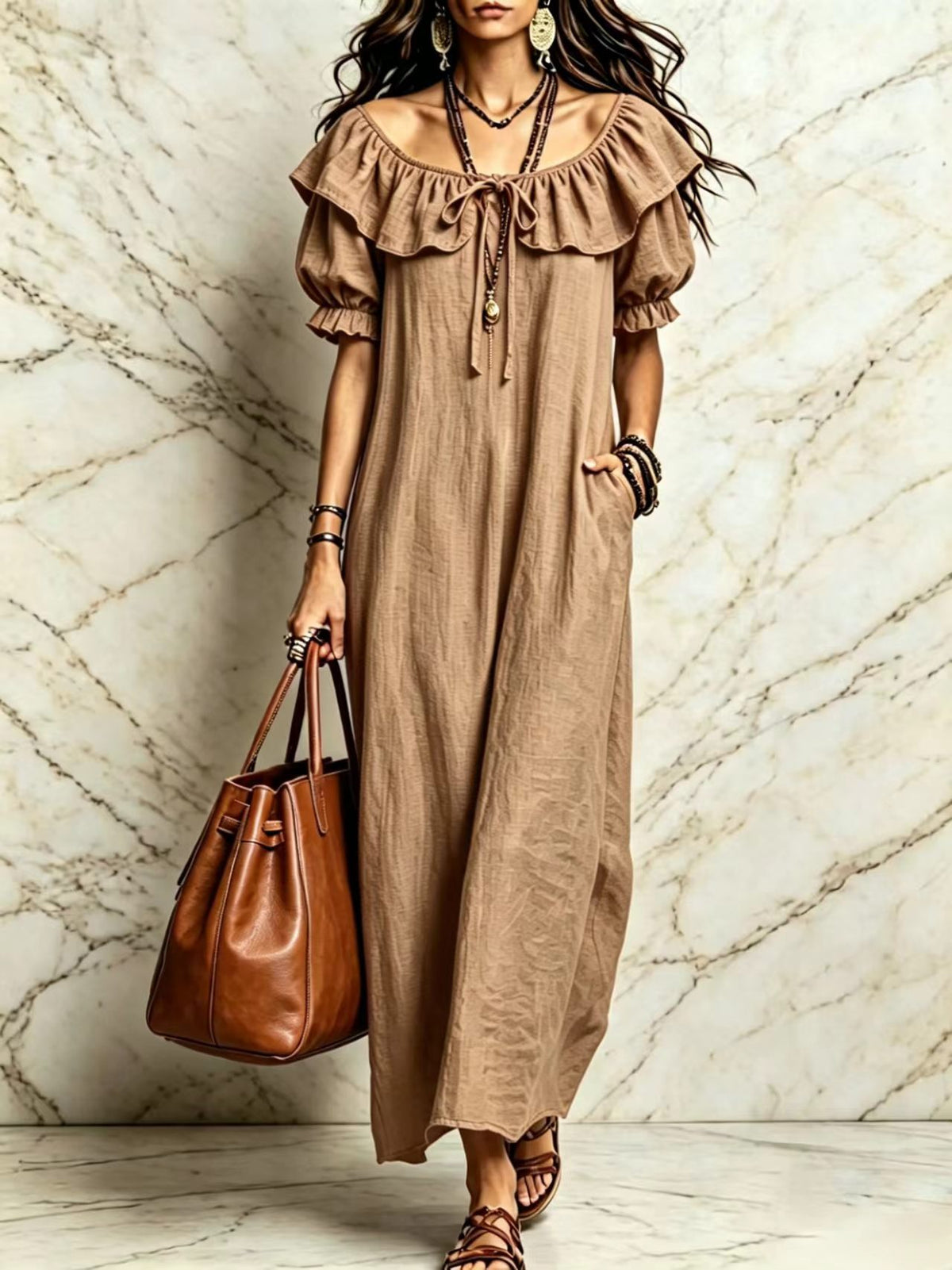 Womens Ruffle Neck Maxi Dress with Pockets and Short Sleeves