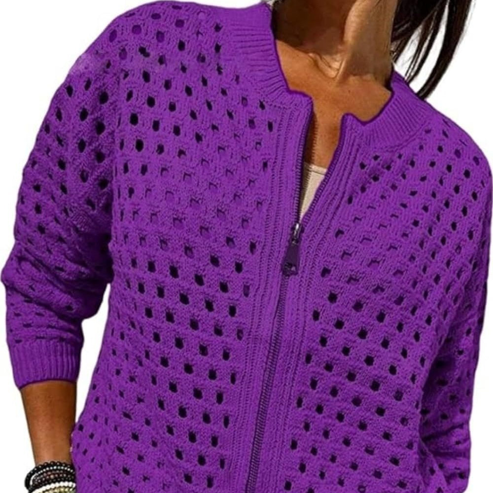 Womens Open Knit Zip Cardigan with Crew Neck