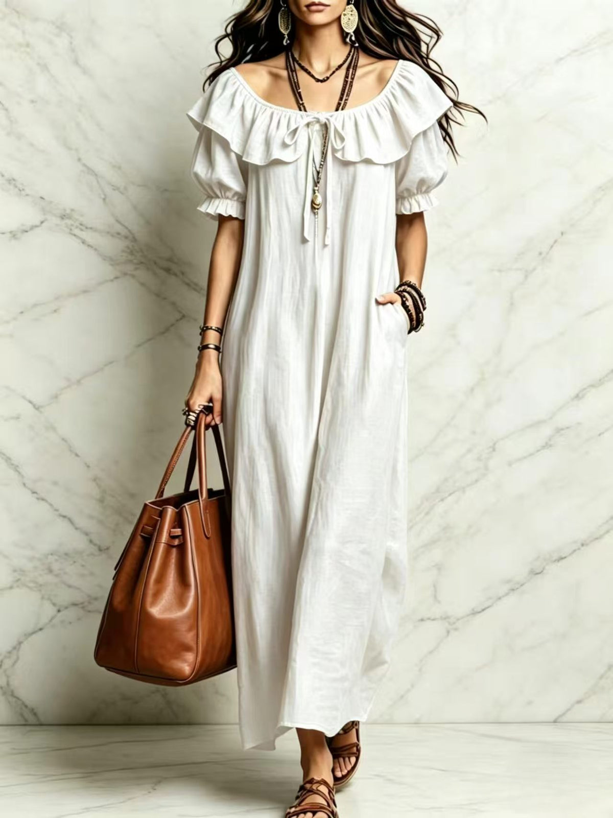 Womens Ruffle Neck Maxi Dress with Pockets and Short Sleeves