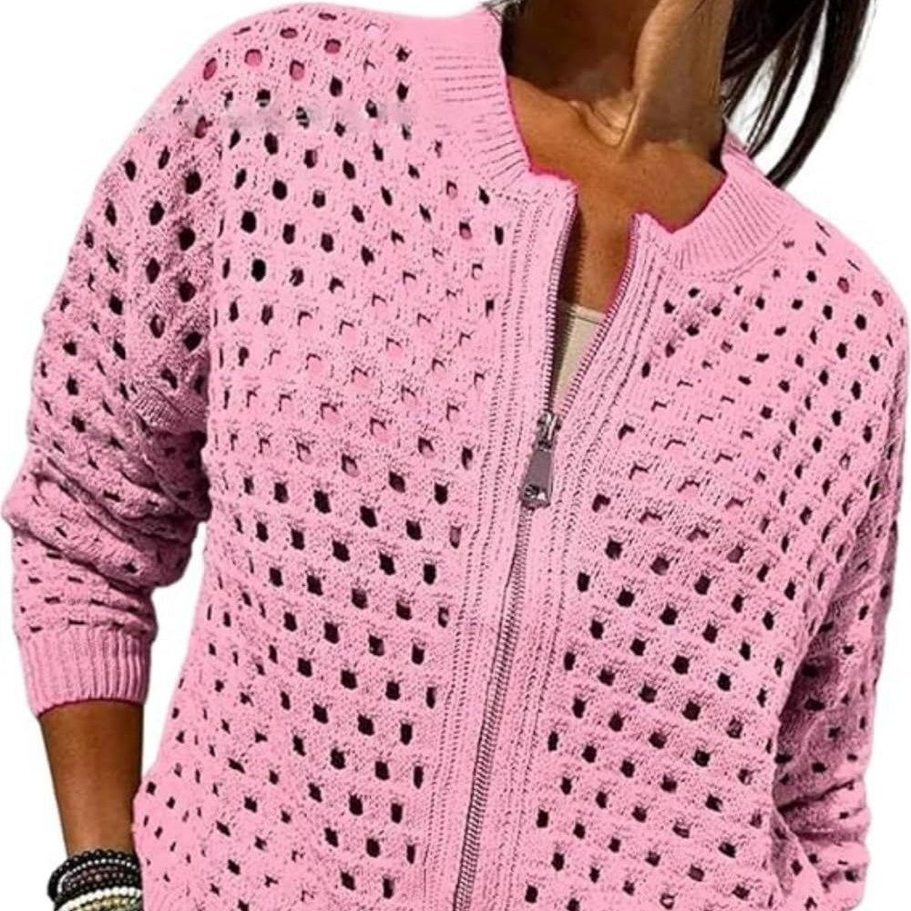 Womens Open Knit Zip Cardigan with Crew Neck