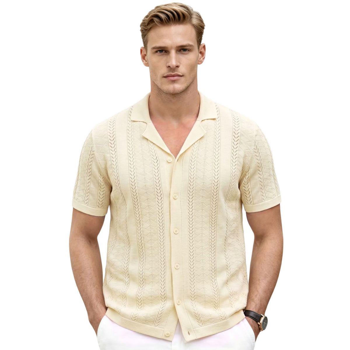 Mens Open Knit Cuban Collar Cardigan