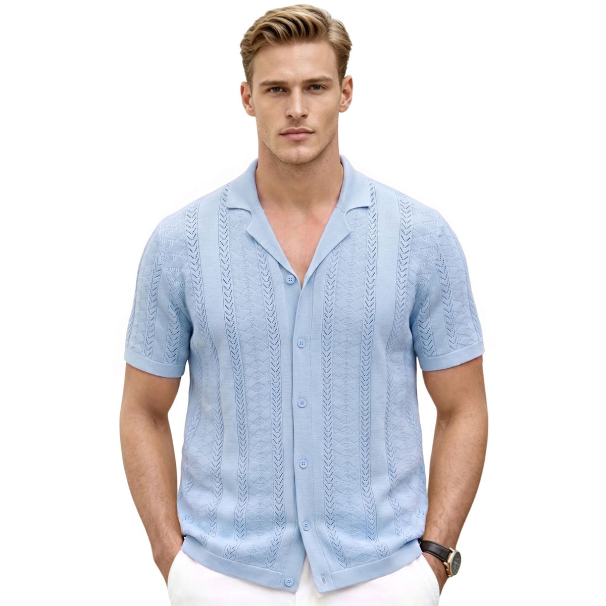 Mens Open Knit Cuban Collar Cardigan