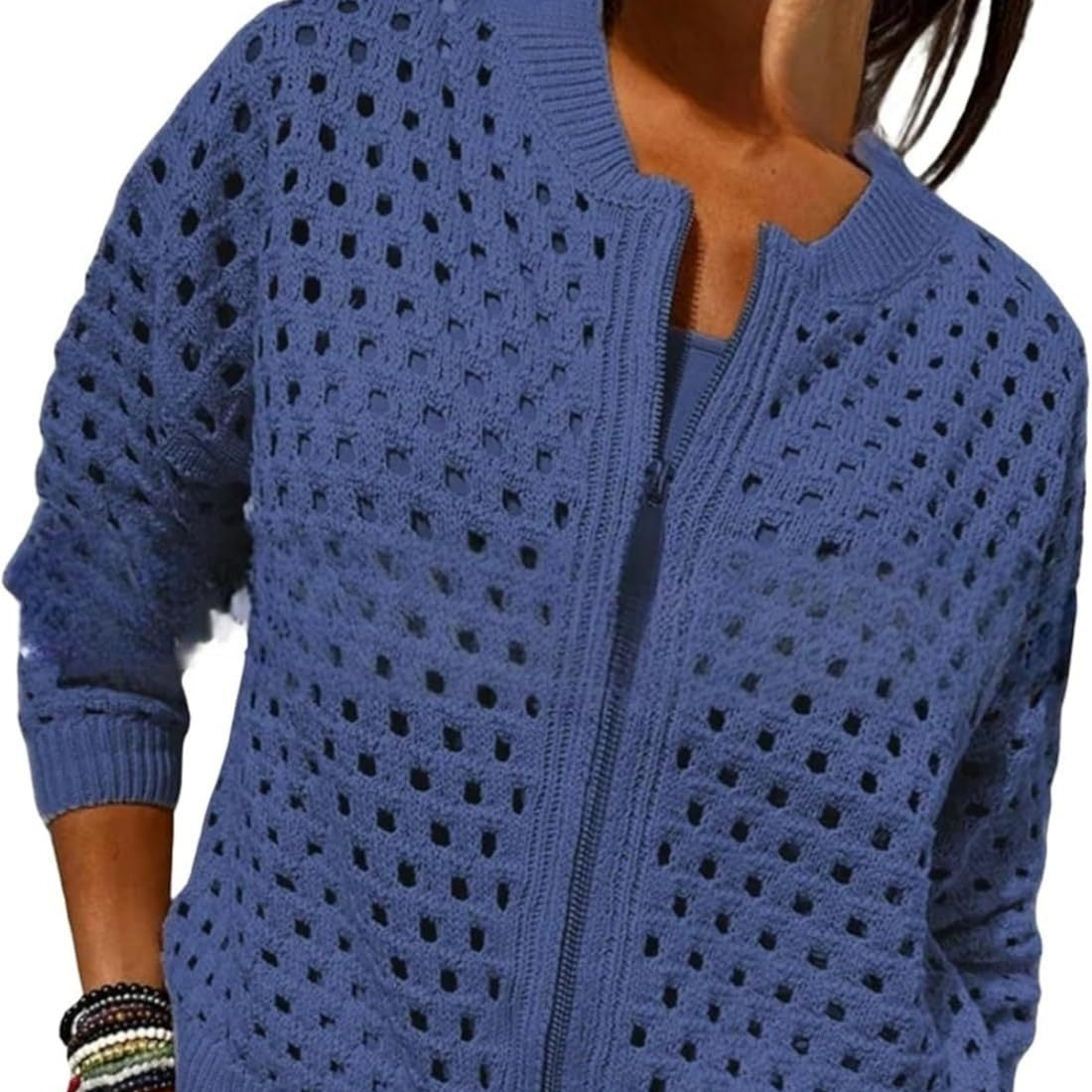 Womens Open Knit Zip Cardigan with Crew Neck