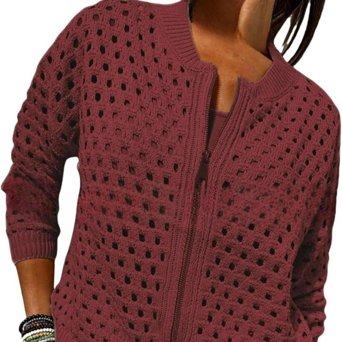 Womens Open Knit Zip Cardigan with Crew Neck