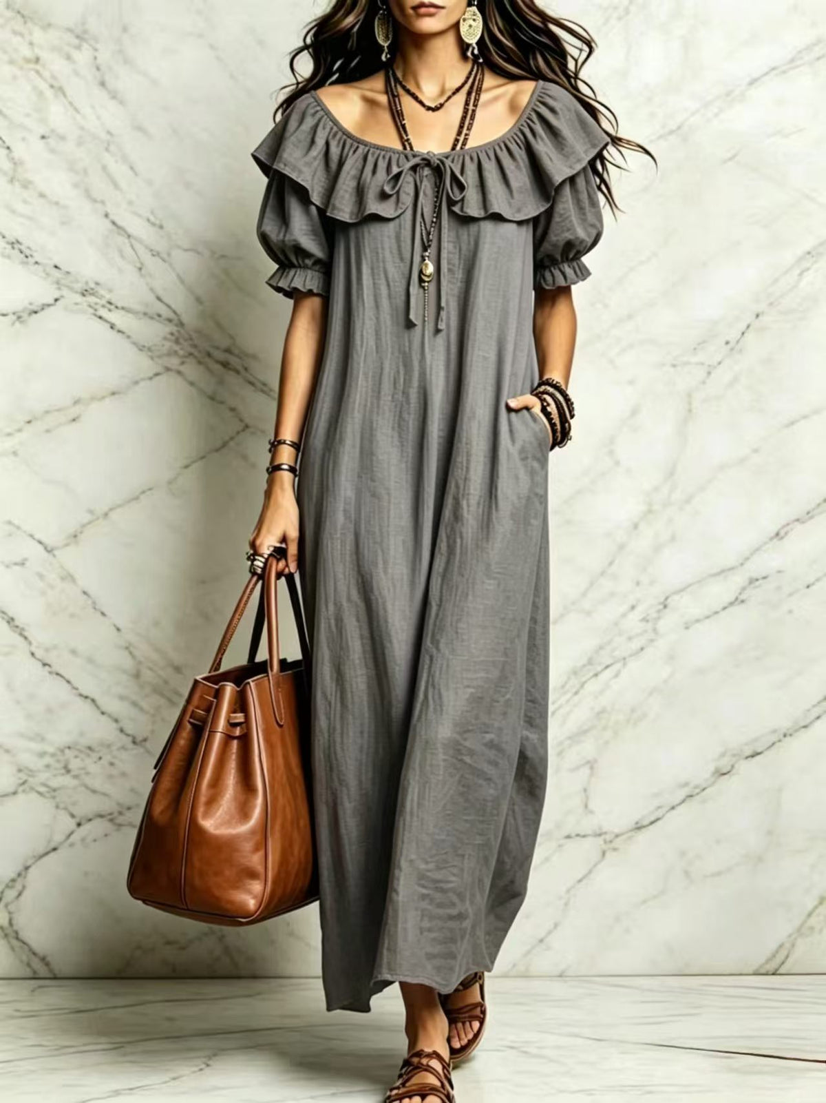 Womens Ruffle Neck Maxi Dress with Pockets and Short Sleeves