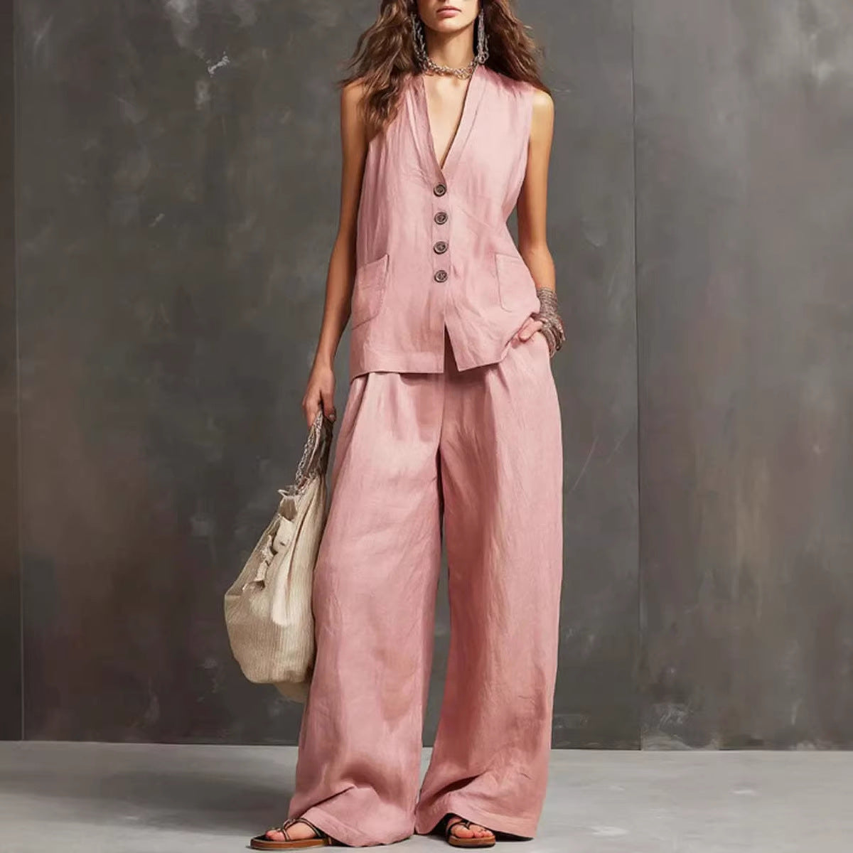 Womens Cotton Linen Co ord Set with Vest and Wide Leg Trousers
