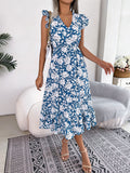 Womens Floral Maxi Dress Ruffle Trim and Tie Waist