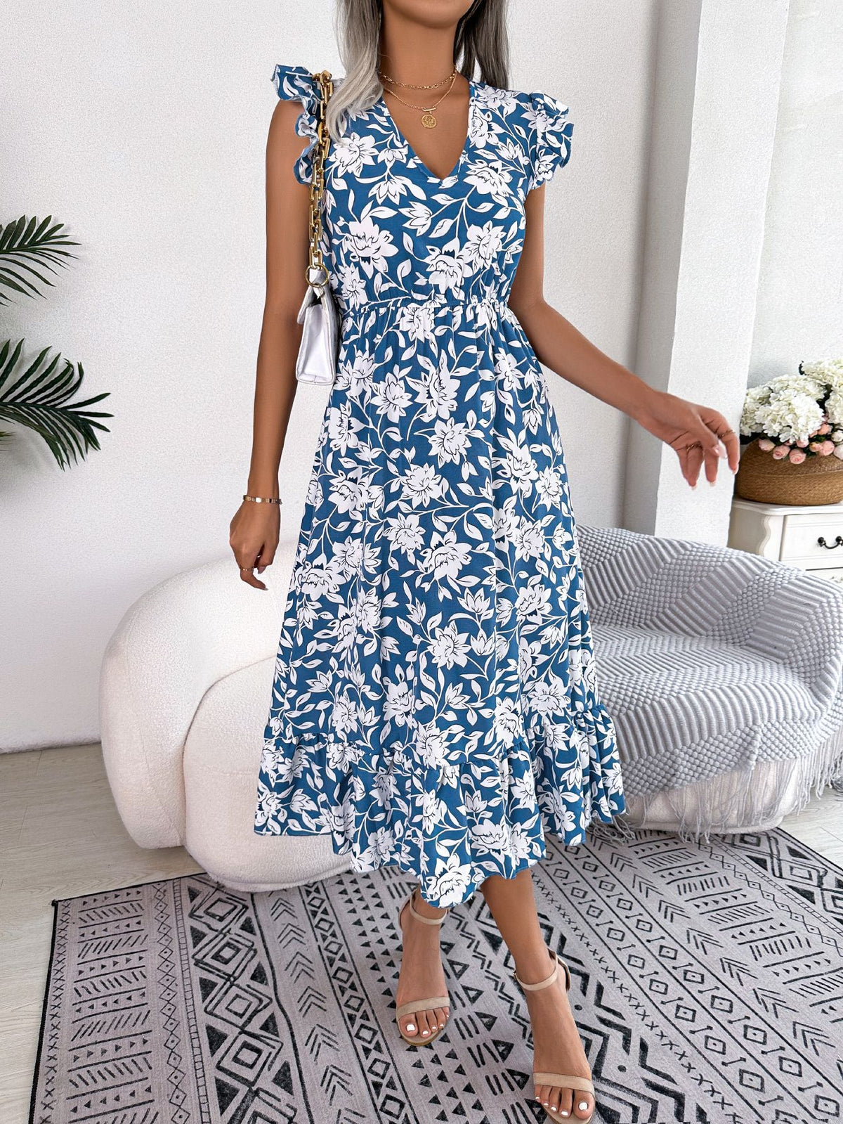 Womens Floral Maxi Dress Ruffle Trim and Tie Waist