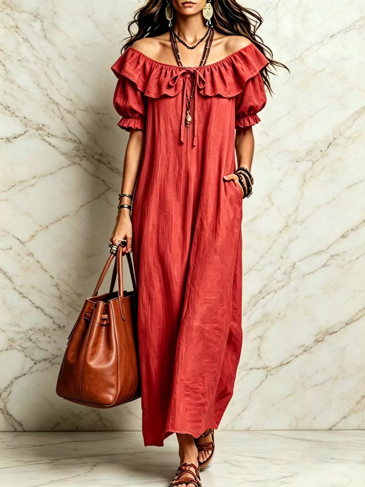 Womens Ruffle Neck Maxi Dress with Pockets and Short Sleeves