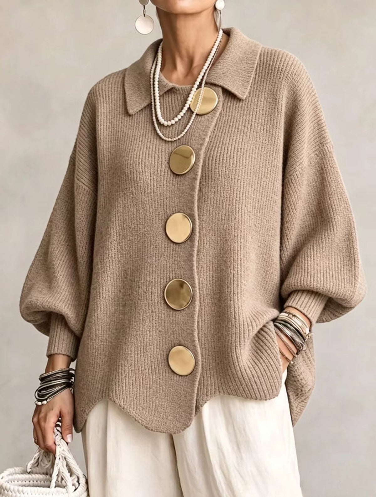 Womens Relaxed Fit Knitted Cardigan Long Sleeve