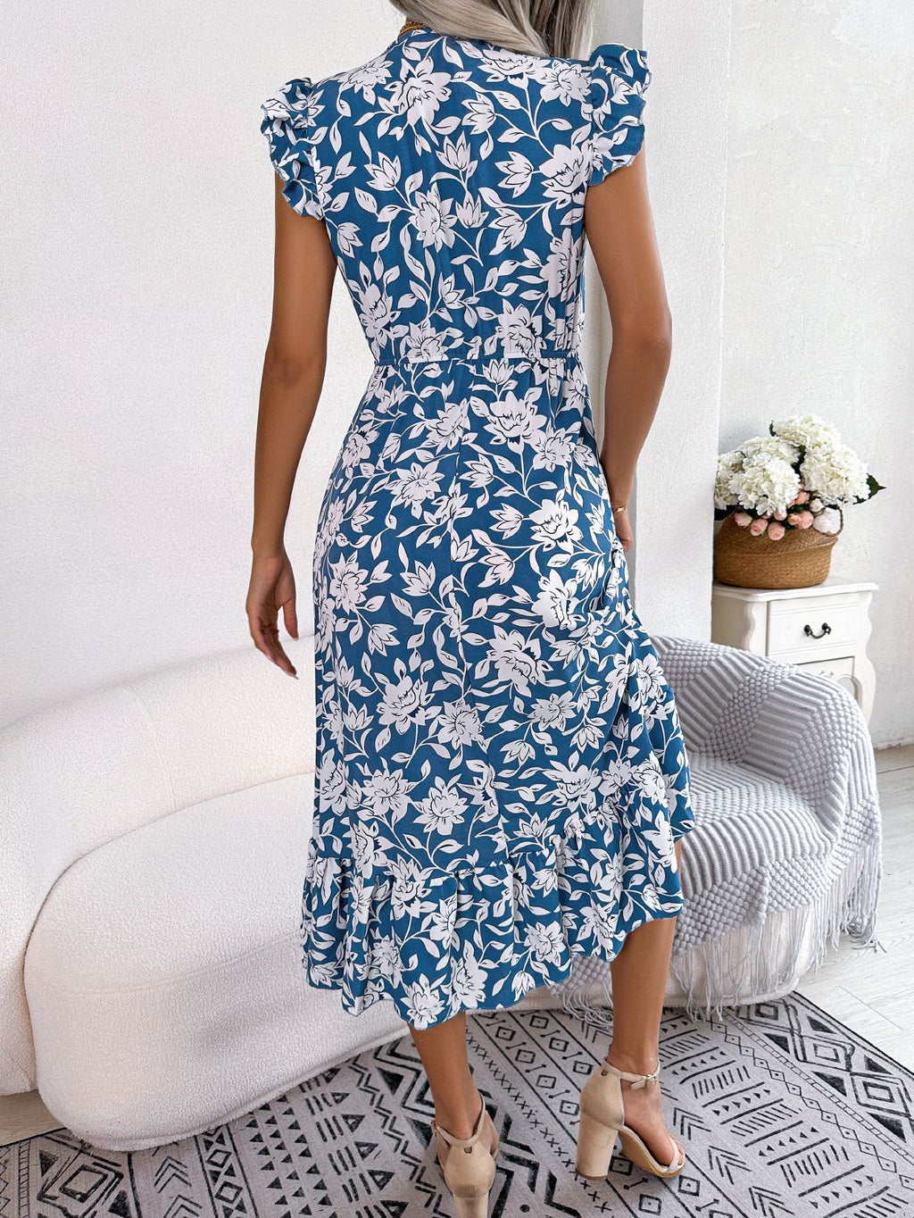 Womens Floral Maxi Dress Ruffle Trim and Tie Waist