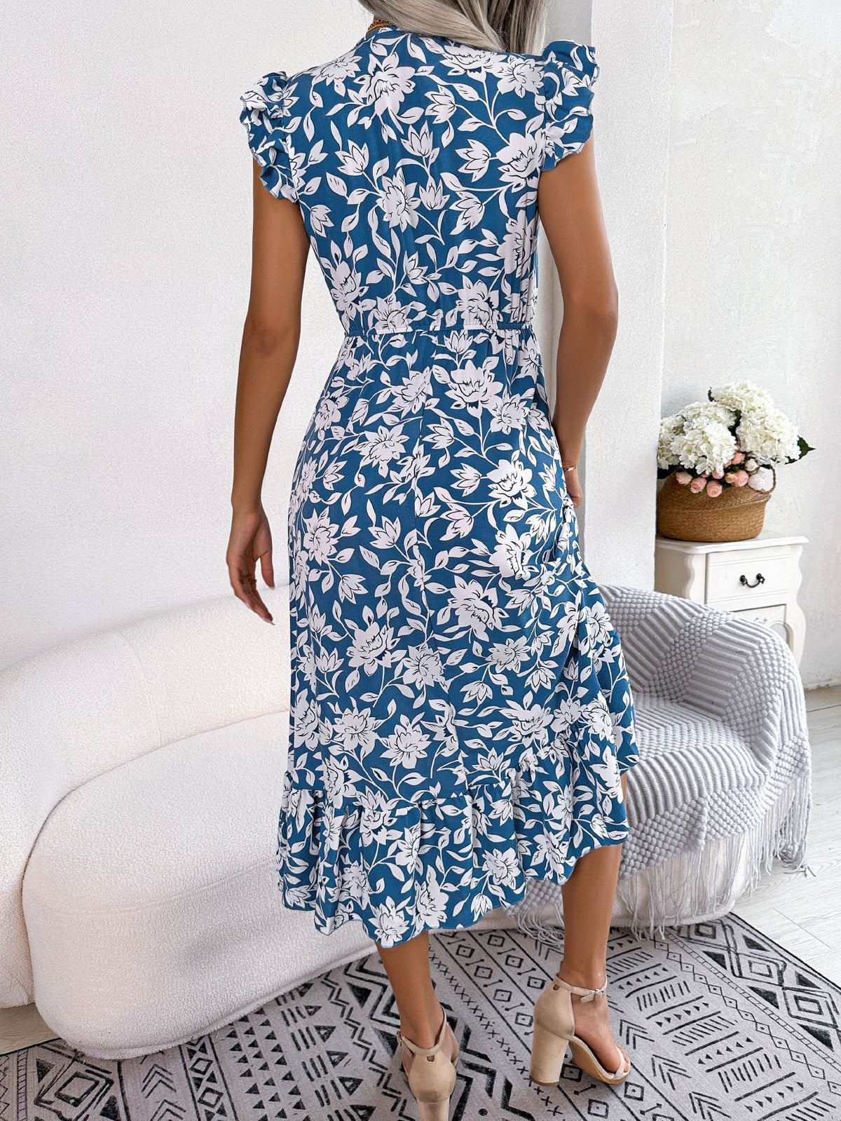 Womens Floral Maxi Dress Ruffle Trim and Tie Waist