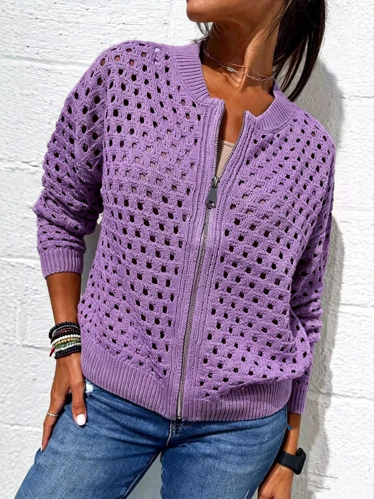 Womens Open Knit Zip Cardigan with Crew Neck