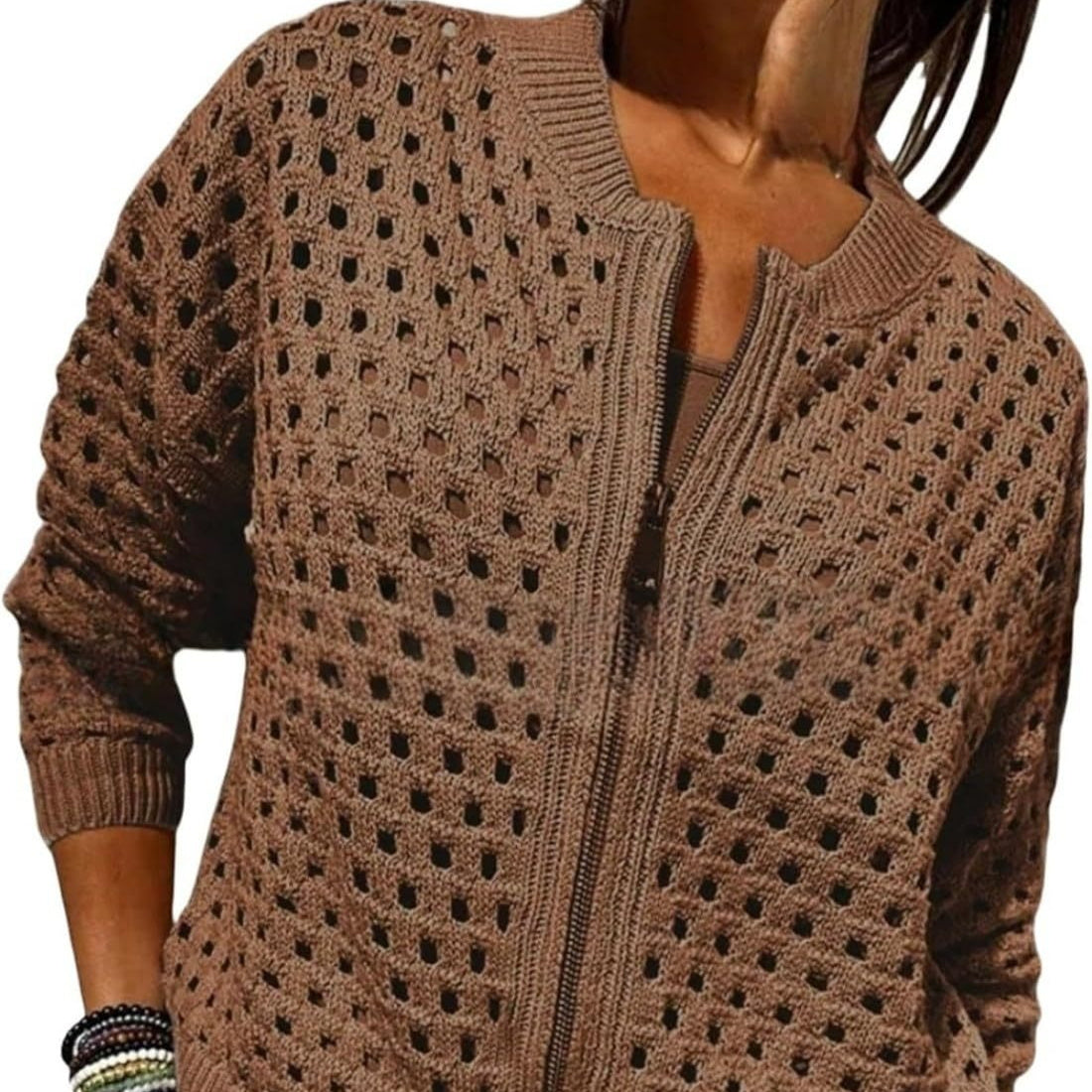 Womens Open Knit Zip Cardigan with Crew Neck