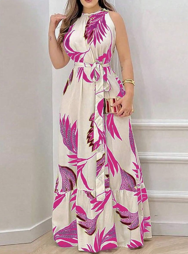 Womens Plant Print Boho Maxi Dress Sleeveless A Line