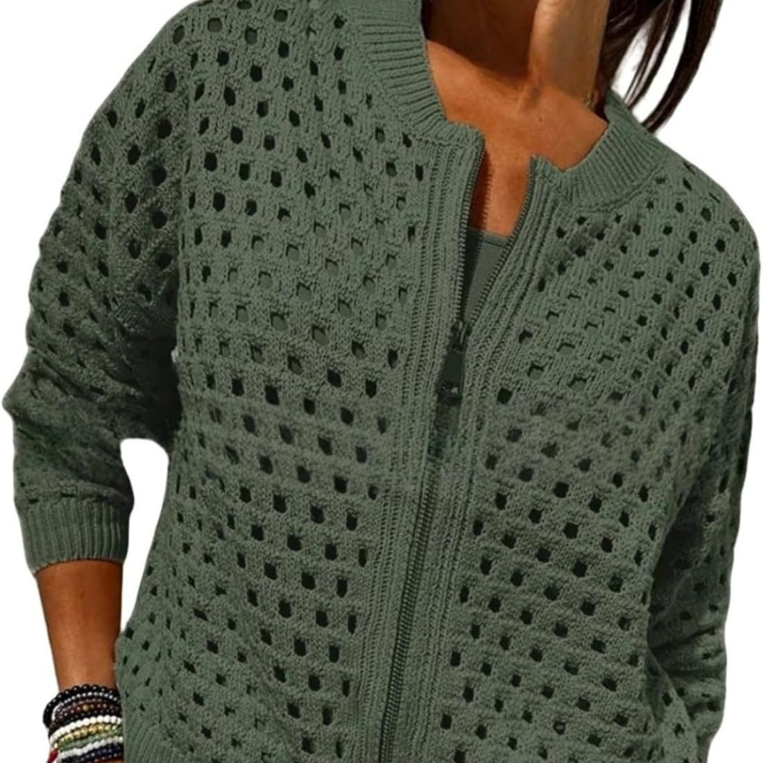 Womens Open Knit Zip Cardigan with Crew Neck