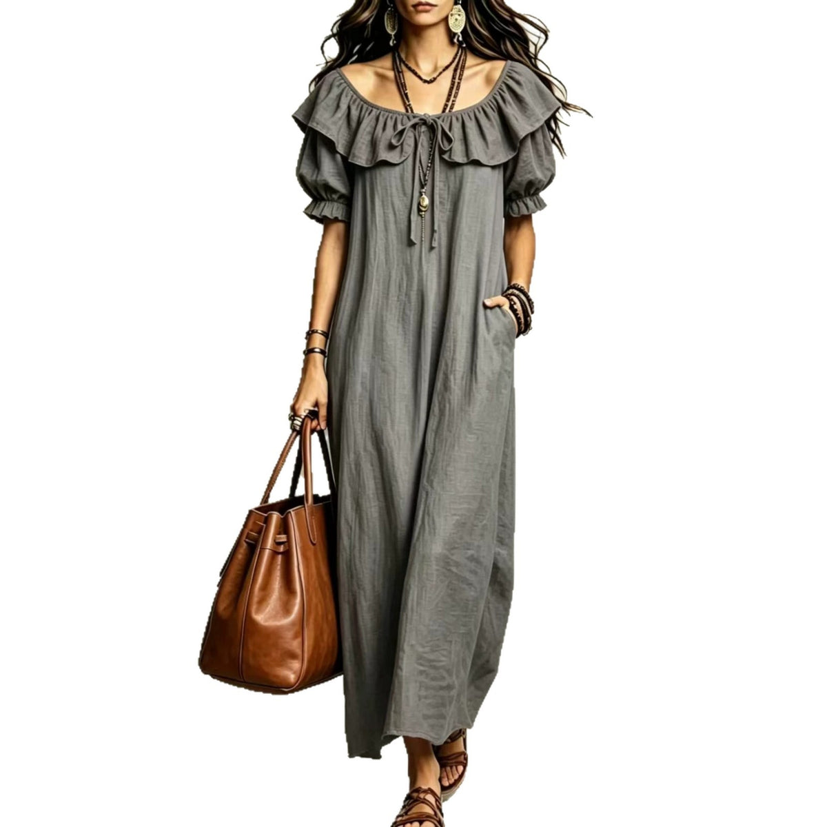 Womens Ruffle Neck Maxi Dress with Pockets and Short Sleeves