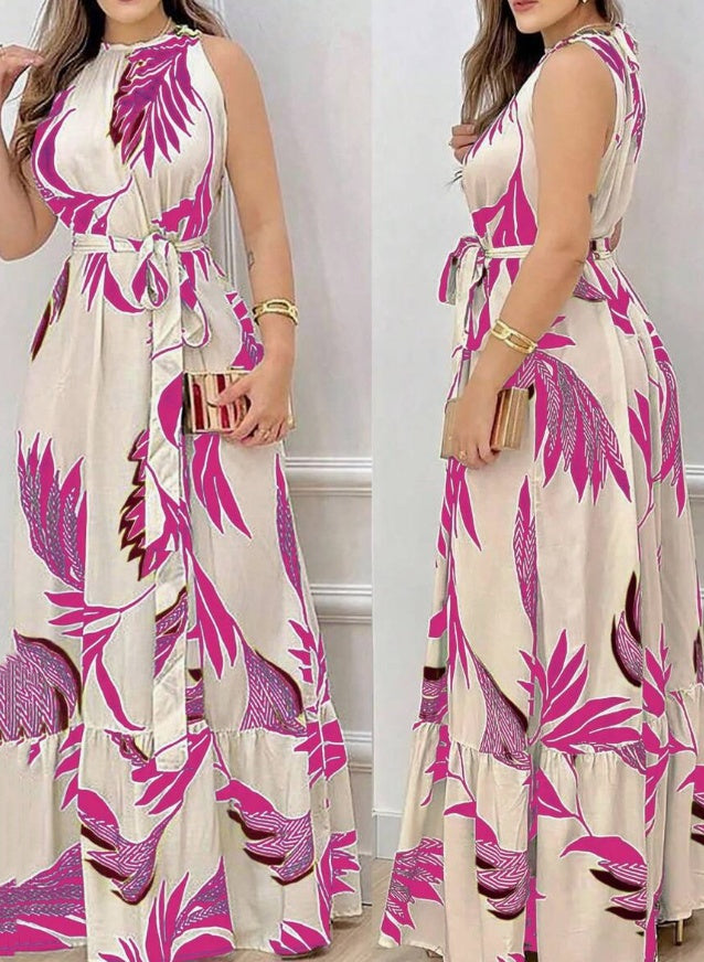 Womens Plant Print Boho Maxi Dress Sleeveless A Line