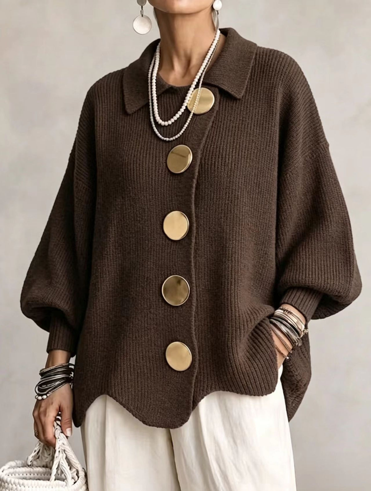 Womens Relaxed Fit Knitted Cardigan Long Sleeve