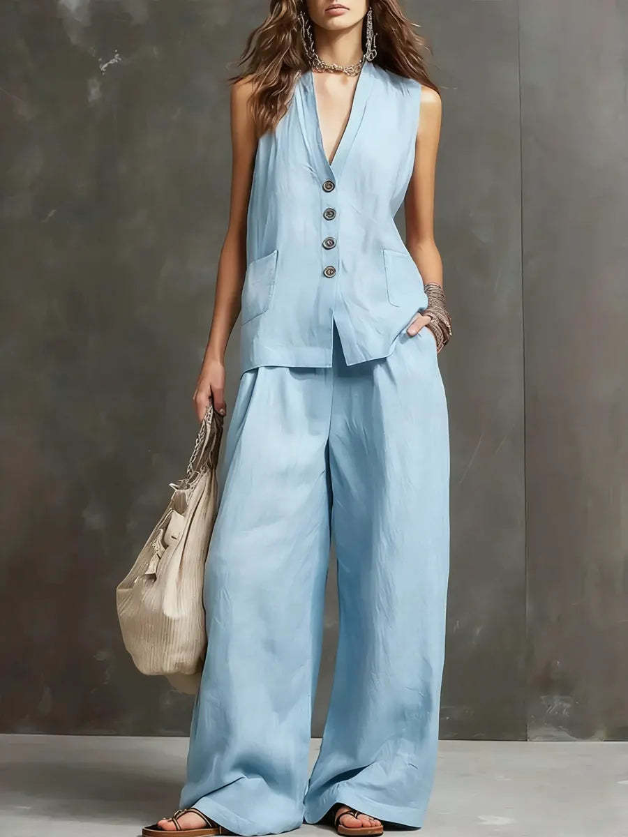 Womens Cotton Linen Co ord Set with Vest and Wide Leg Trousers